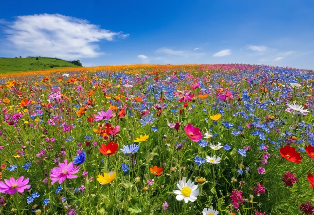 There are many different colored flowers blooming in the fields., Blue sky in the background、A big flower in front、Wildflowers, Meadow flowers, Wildflowers, Flower meadow,