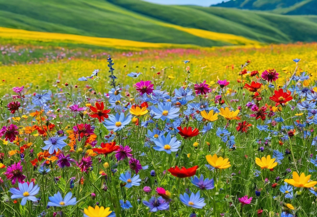 There are many different colored flowers blooming in the fields., Blue sky in the background、A big flower in front、Wildflowers, Meadow flowers, Wildflowers, Flower meadow,