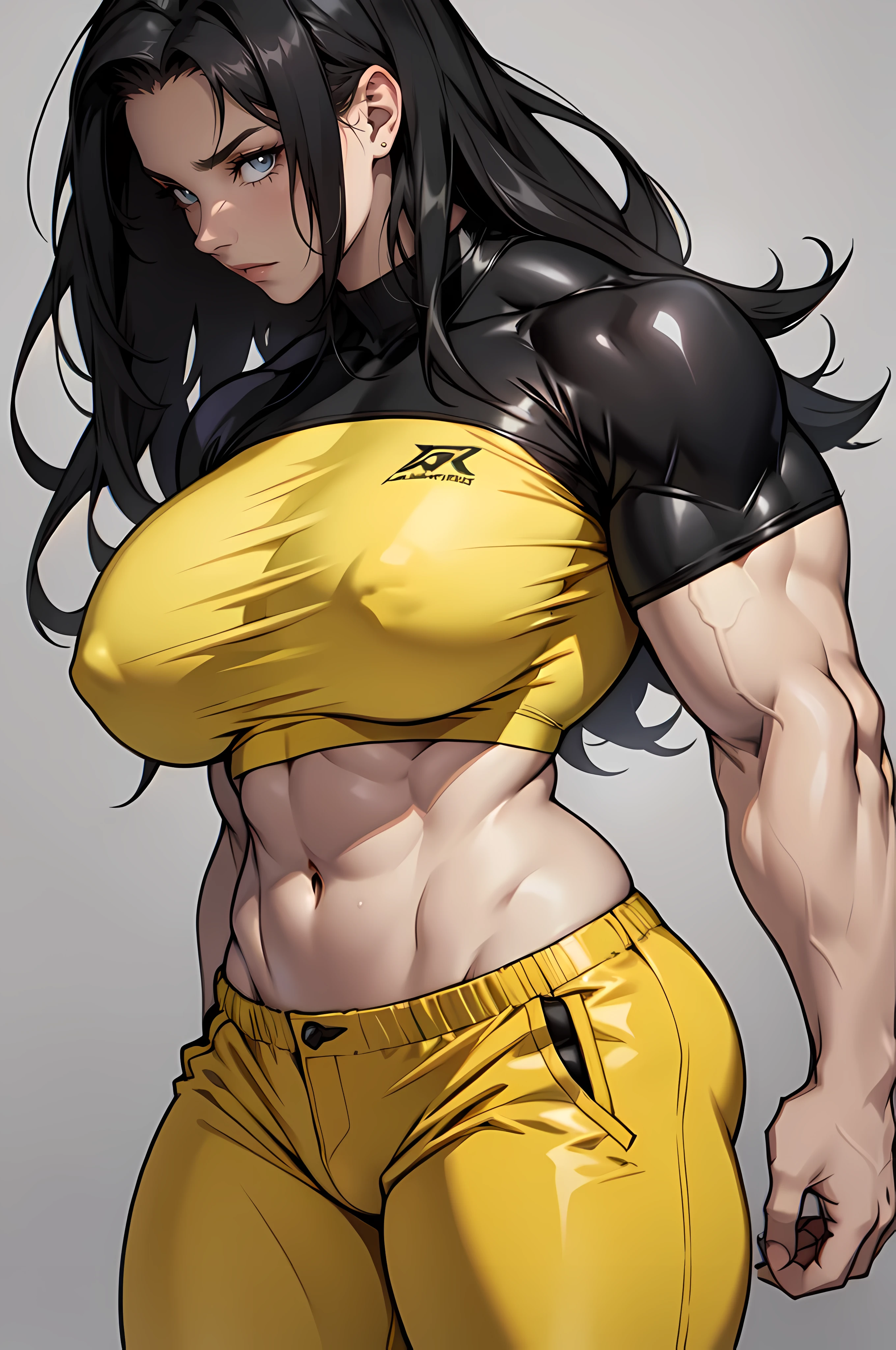 (1girl) pale skin huge breasts muscular toned bodythick thighs black hair yellow eyes (tight shirt and pants long hair grey background) bodybuilder navel