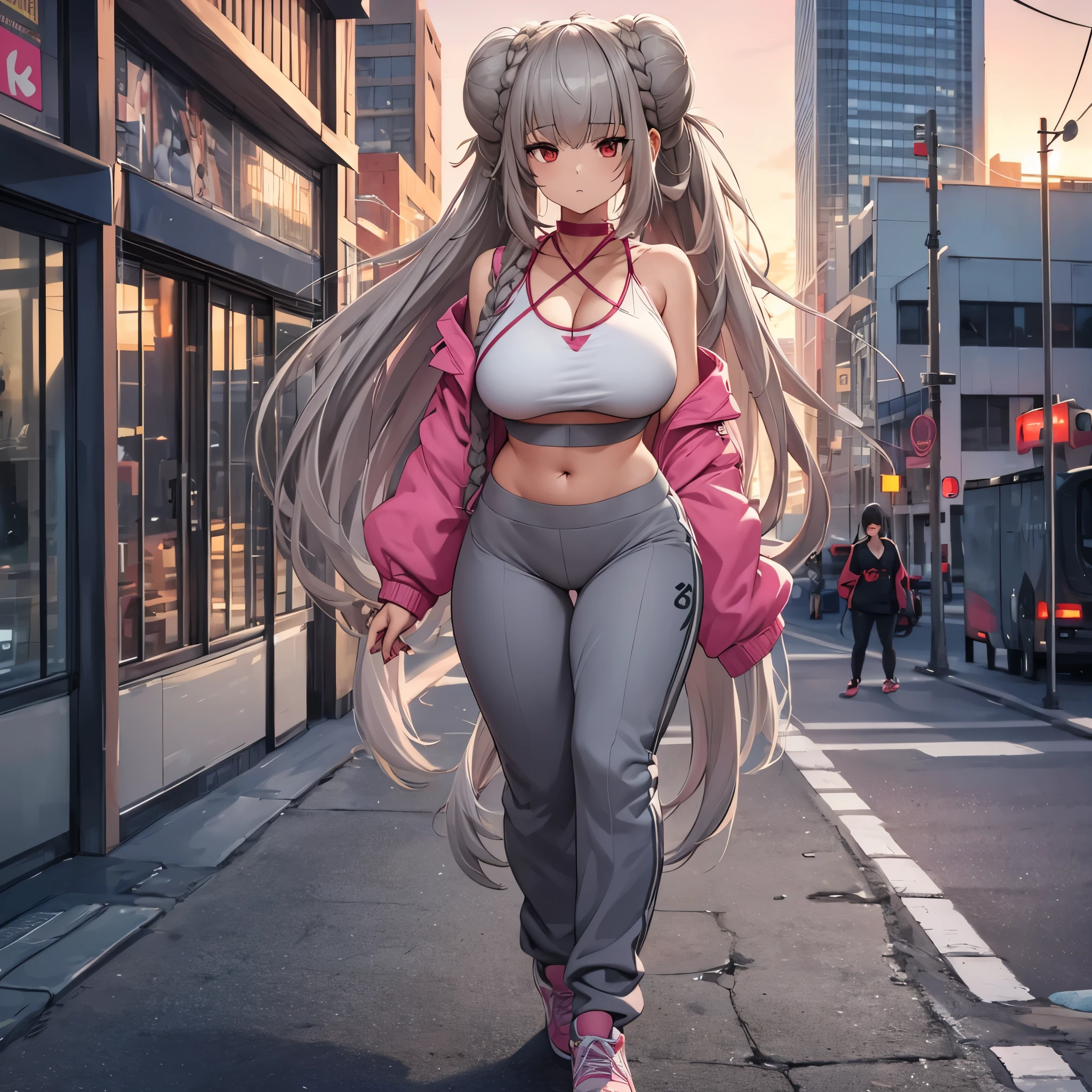 A woman wearing a gray sweatshirt with pink kanji writing, gray sports pants, long gray hair, red eyes, big breasts, kawaii face, walking on a sidewalk in a city at sunset, building in the background, blurred background,.HDR, masterpiece, well defined, ultra resolution, high quality, 8k HD. (just a woman, solo)
