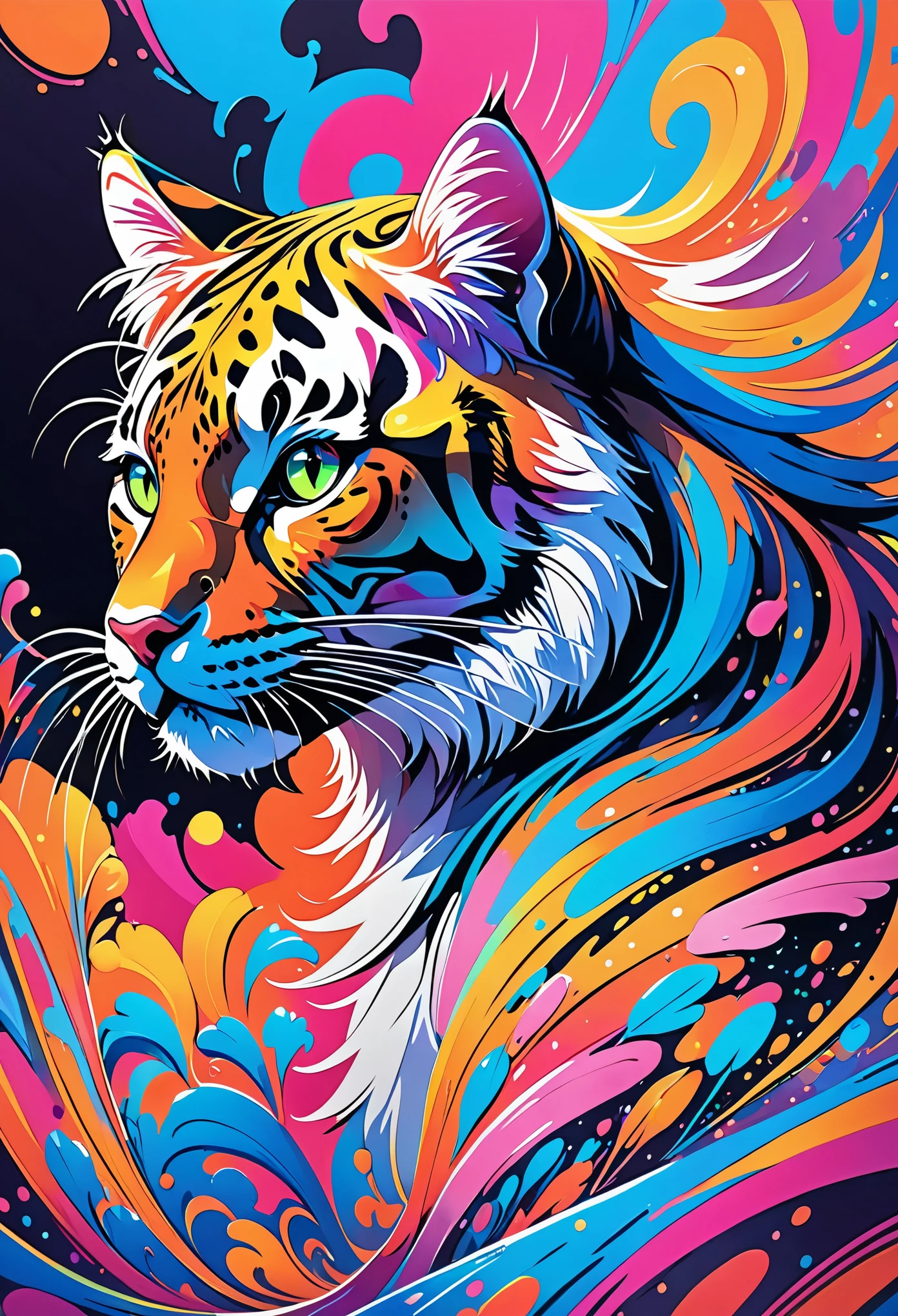 (((Energetic))) Abstract pictures, 2D Flat Ornate Sketch, Psychedelic, Gorgeous, Gorgeous, Gorgeous, Pop-up Art, big cat 😺 silhouette, Full coverage neon colorful paint, painted, Dynamic Dutch angle