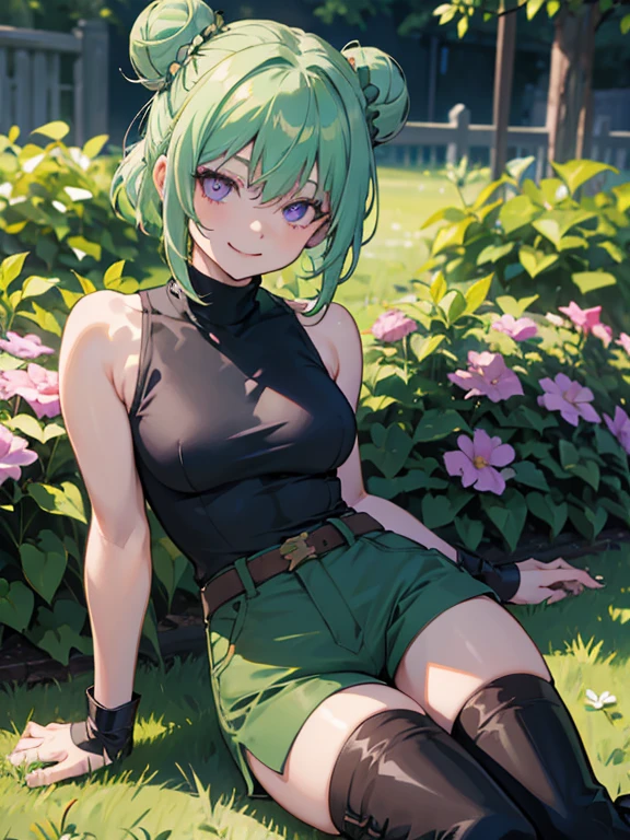 girl, , ligh green hair, short haircut, purple eyes, jeans overalls, anyone outfit, black boots, in dark forest, holding chainsaw, looking at viewer, sinister sensual smiling, semen coming out of clothes