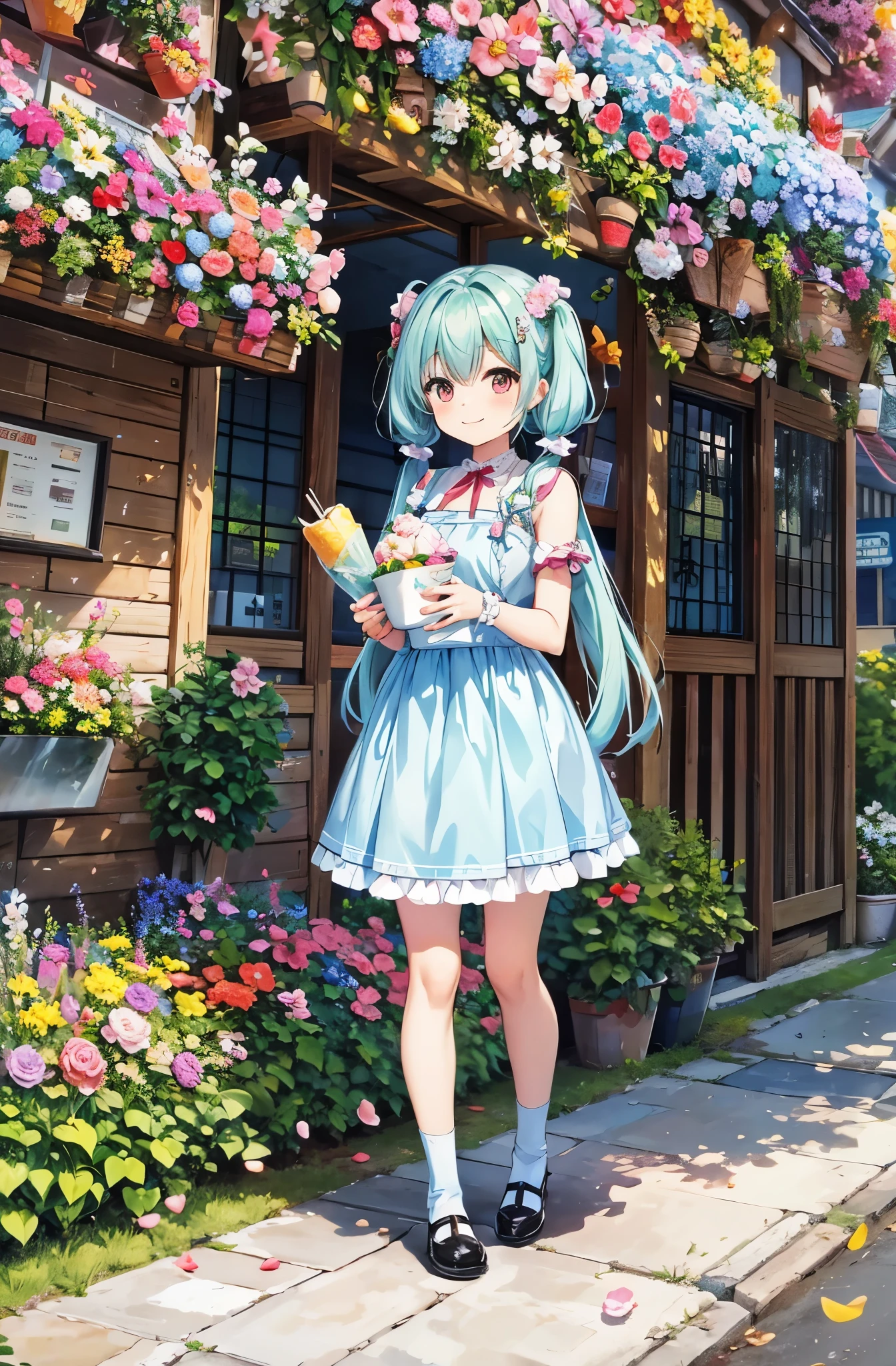 Light blue long hair、Cute chibi girl with twin tails、Walking with my beloved Shiba Inu、smile、A sunny park full of flowers、A cafe decorated with flowers、In front of the chibi character is a huge pile of shaved ice.、