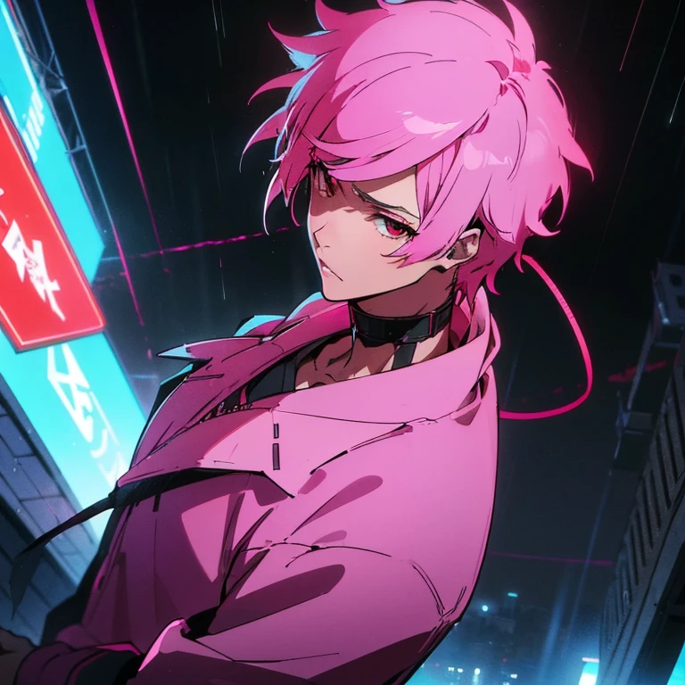 (Best quality), (masterpiece), (Super detailed), (Shortcuts), (Two-block hair), (Bright pink hair), (Red Eyes), (Cool pose), (Oversized hoodie), (Street Style), (neon), (Modern City), (neonデイライト), (Cinematic), (Stylish), (High resolution), (Hyper-detailed), (Soft Town), (Nightcore), (a handsome guy), (The natural look of the building), (IG Studio Anime Style), (Low - Angle), (visualize), (Wear headphones), (rain),