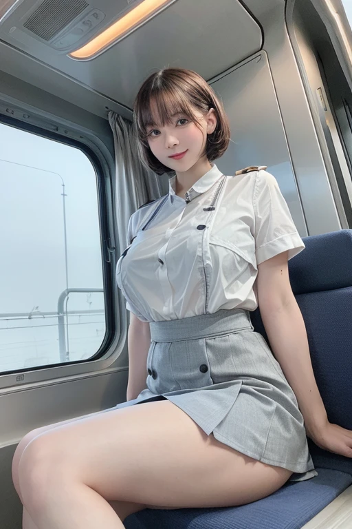 highest quality, masterpiece, Ultra-high resolution, (reality: 1.4), Original photo, One Girl, mature, White JK Uniform, Smile, short hair,  Large Breasts , Plump body, Button gap:1.35, sit in a train seat, Leg spread, Cinema Lighting, Horizontal sheet, View from the train window