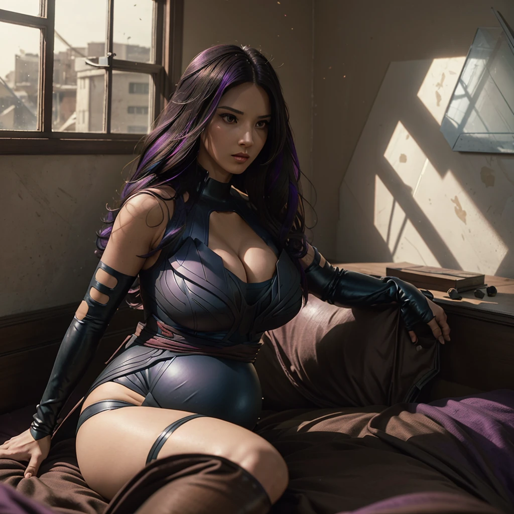 Masterpiece, Best Quality, Cinematic, Volumetric Lighting, Highly Detailed, High Resolution, Sharp, Sharp Image, 4k, 8K, 35mm, 1 Girl, O1IV1P8Y10C-SMF, Solo, Long Hair, Cutout Neckline, Breasts, Cleavage, Realistic, Black Hair, parted lips, brown eyes, lips, looking sideways, upper body, pregnant, very big belly, multicolored hair, big breasts, purple hair, nose, psy10ck0utf1t, in a stylish room with a window, blank walls with brown furniture, sitting on the bed.