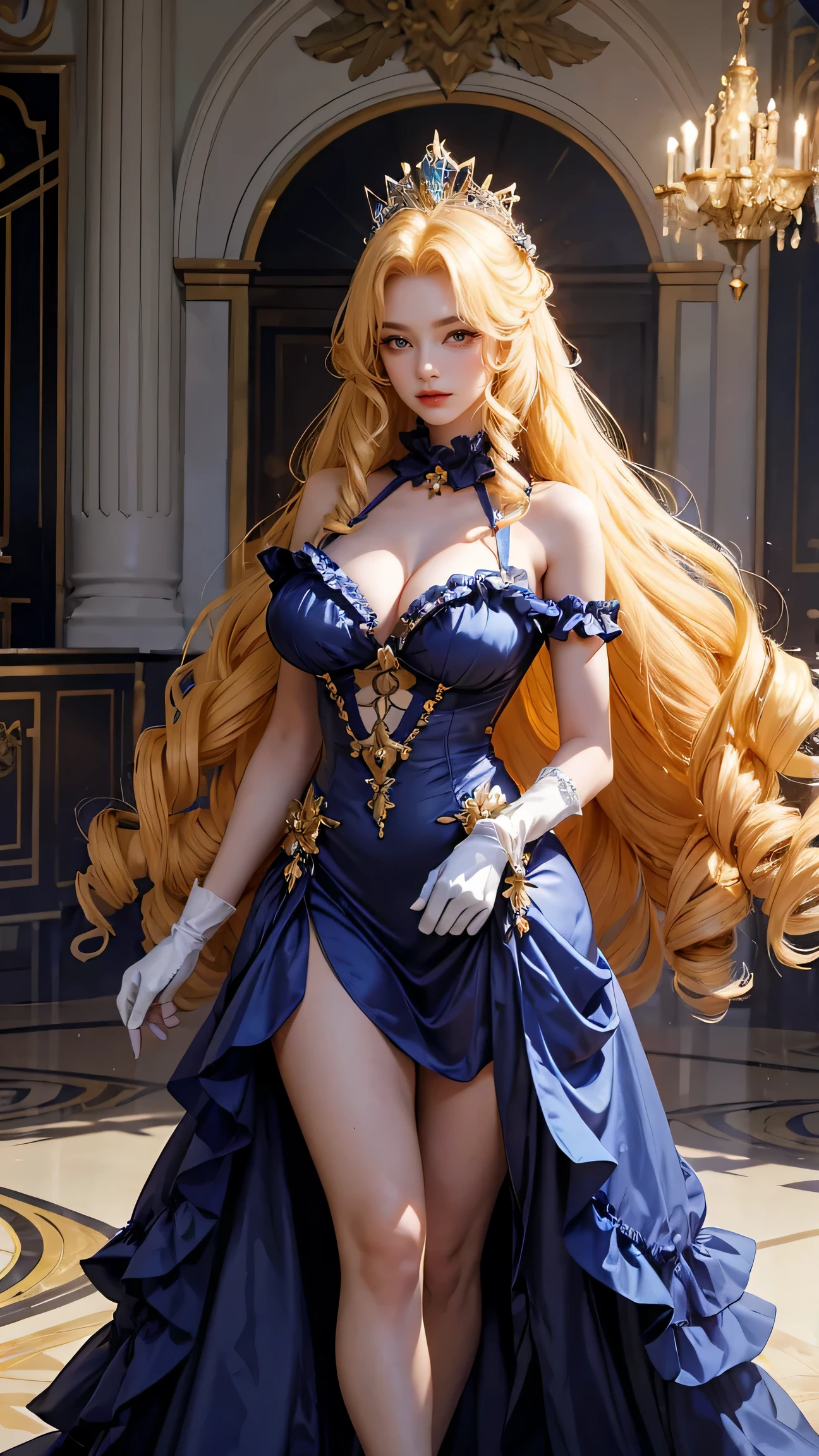 a woman in nightgown with frills, stoking, gloves, 1girl, drill hair, long hair, blonde hair, gradient hair, yellow eyes, solo, huge breasts, big hair, blue hair, tiara, divine goddess, looking at viewer, indoors, royal palace, sexy pose, dynamic pose, astraea