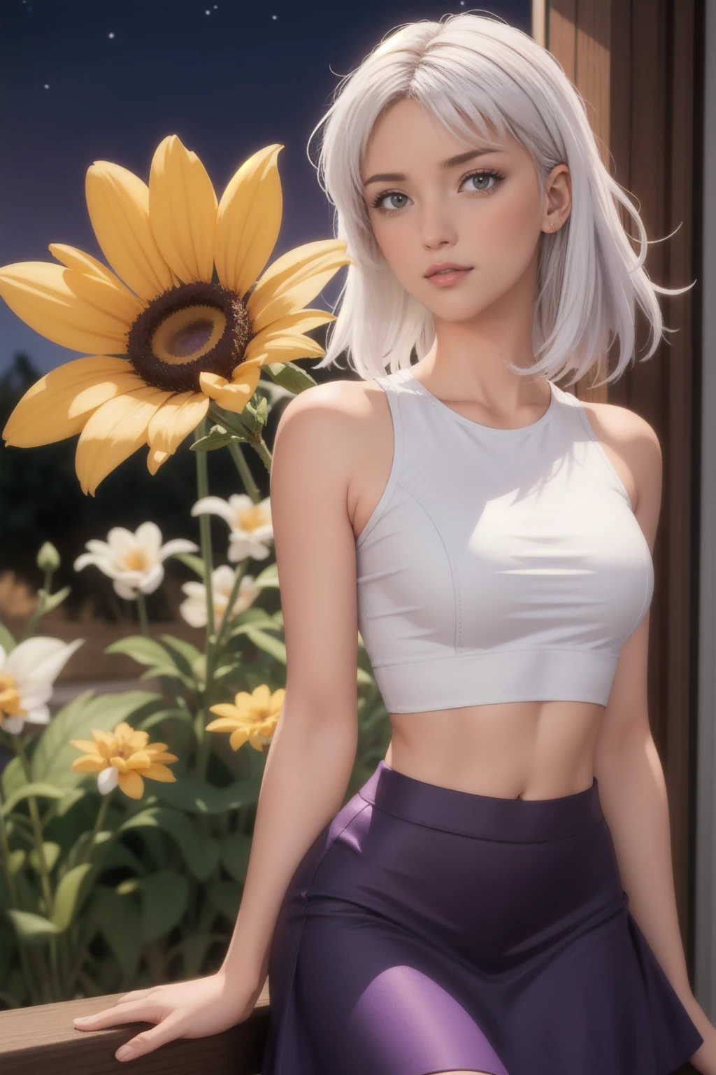 realistic, 1 girl, White hair, Purple eyes, Brilliant eyes, crop top, skirt, parted lips, blush, night, flowers, Sun, Sunlight,