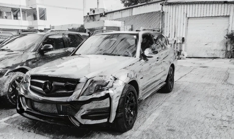 A photo taken by Alafud showing an SUV parked in a parking lot, monochrome Black and White, well edited, Granular low quality, monochrome hdr, grainy monochrome photo, Black and White monochrome, Mercedes, Low quality granular, Black & White, monochrome bw, grainy picture, Desaturate!!, monochrome:-2, grainy quality, author：Romain Brook