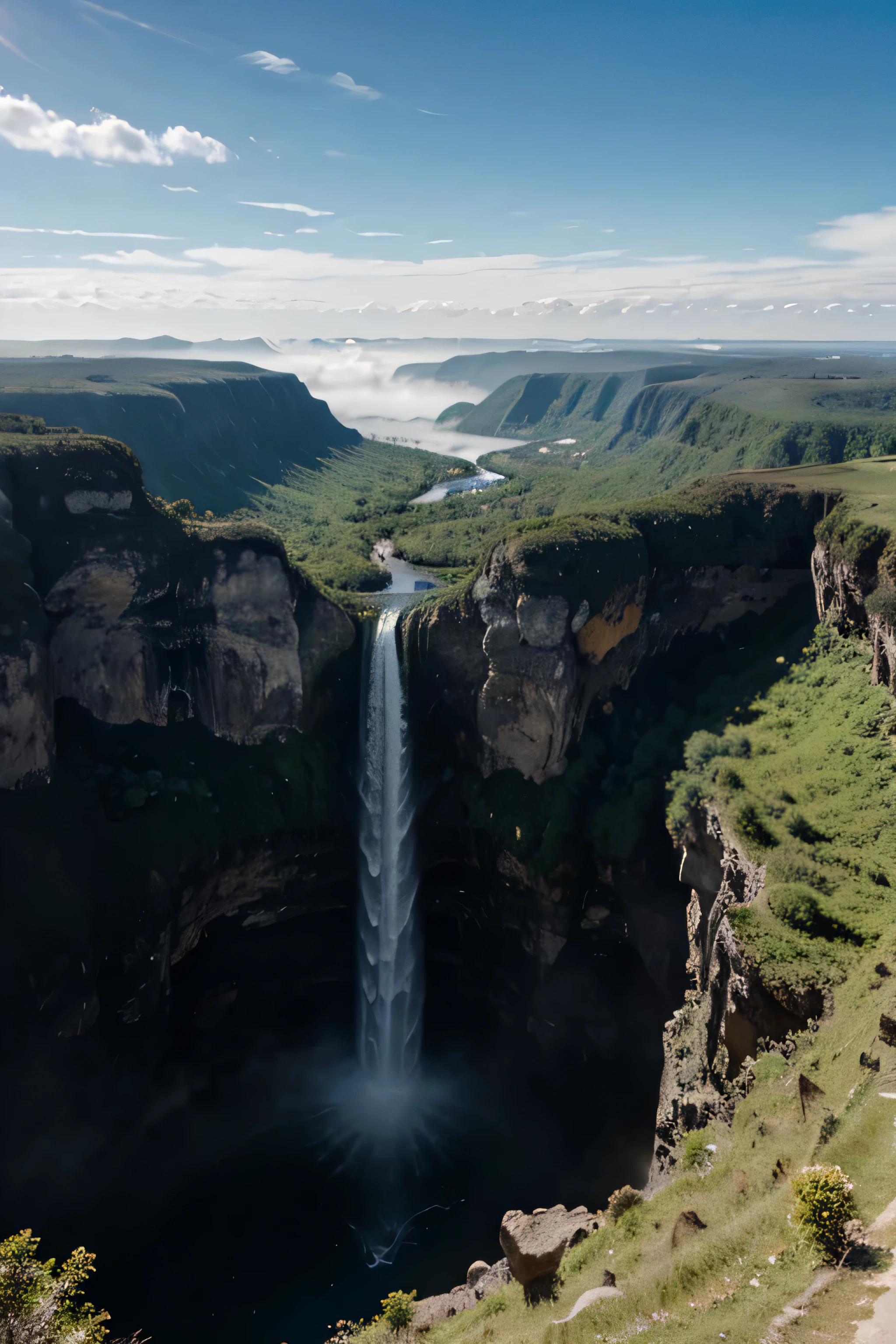 ultra realistic, 4k, ultra detailed, waterfall falling from a plain suspended in the high sky between clouds, paradisiacal scenery