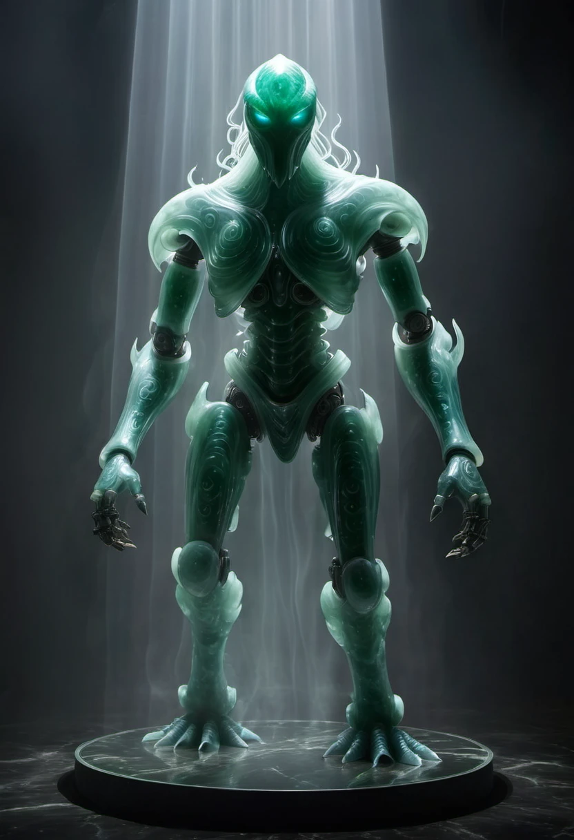 ancient solo figure with a hellish and mysterious presence, motion blurred to give a sense of dynamic movement. The creature is not human, possessing an otherworldly appearance and characteristics. The scene is illuminated with movie-level lighting effects, enhancing the atmosphere. The artwork showcases a jade-crafted mech, exquisitely detailed and masterfully rendered. The colors are vivid and the composition is ultra-detailed and realistic, evoking a sense of awe and wonder