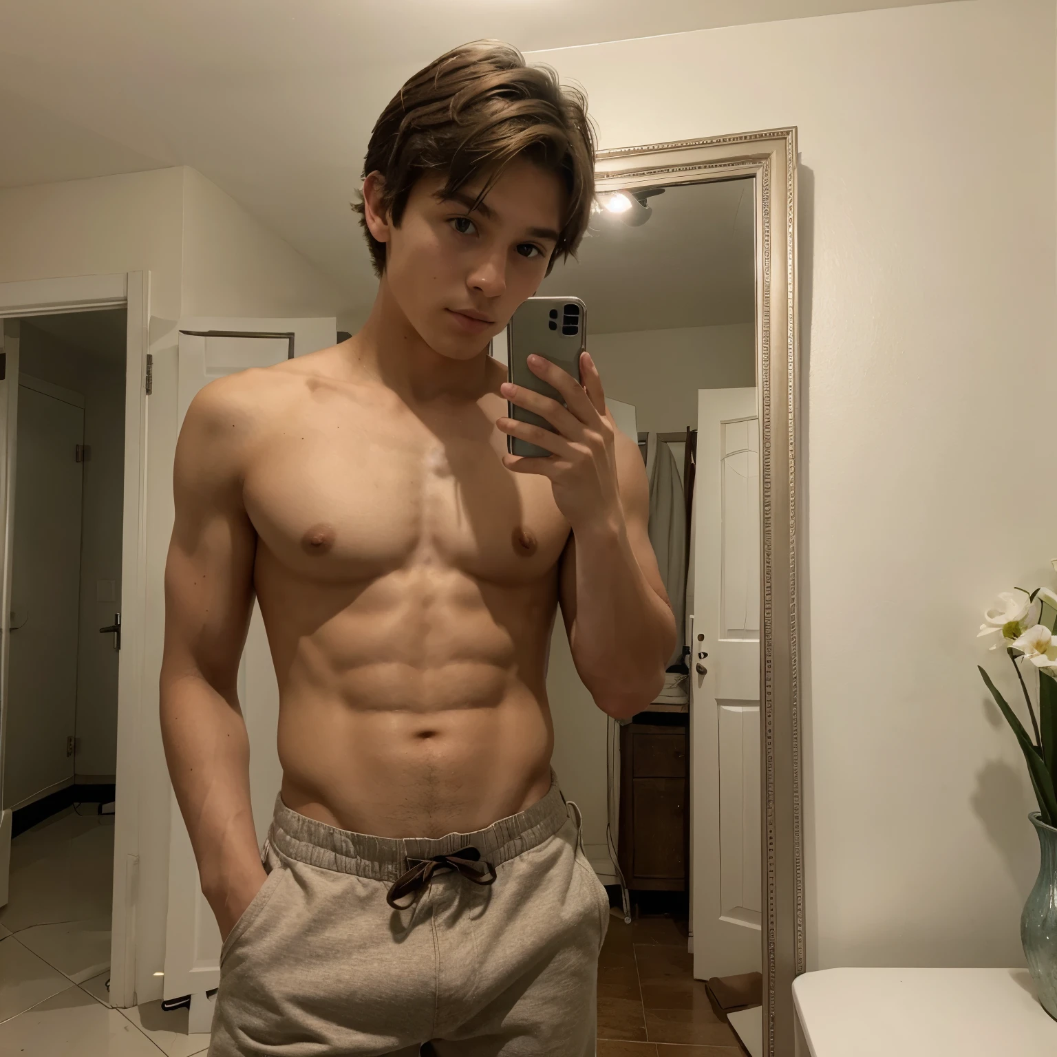 17 year old boy with brown hair,Brown eyes, con su celular (grande) en el espejo de su cuarto realista