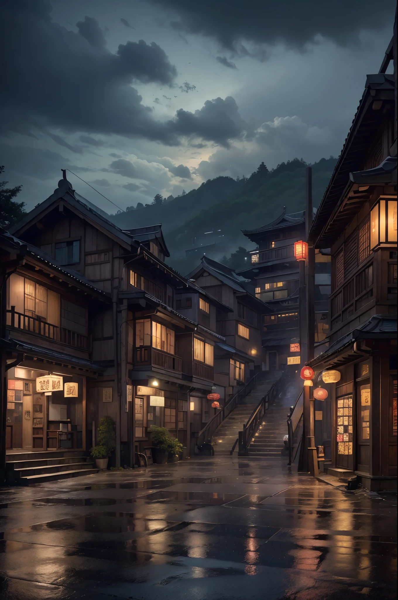 View of Fed Village，a lot of Lights on the buildings，Fantasy Chinatown，Chinese Village，Stunning wallpapers，Japanese Village，Surreal photos of small towns，old asian village，(The sky in the distance is covered with dark clouds)，Japanese cities，Raymond Han，Rainy night, Cyberpunk Chinese Ancient Castle, Light线充足的建筑, Late afternoon，in the rain, Pretty and beautiful, photography, Light, 8k, High Detail ((Heavy rain，full of Lights，stairs)))