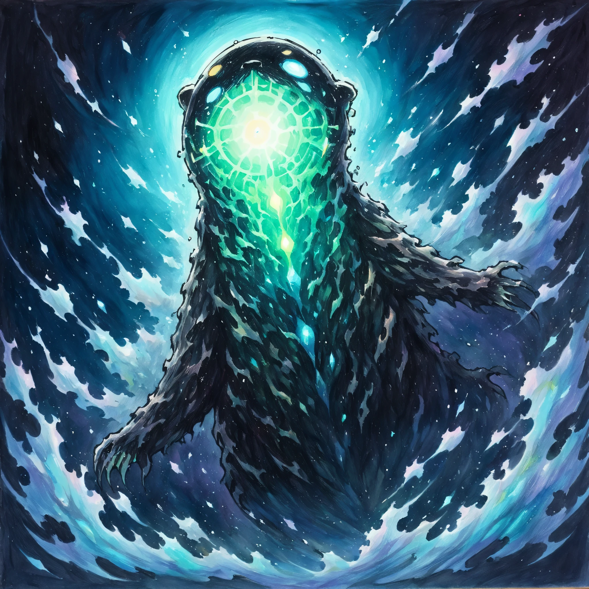 1 Otter Silicon-Based Lifeform,black exoskeleton:1.5，whole body(stitched body、traditional media,look up,Cold Background ,Otter Details ,(Solitary、Emitting nuclear radiation)，Background seabed:1.5，Background details