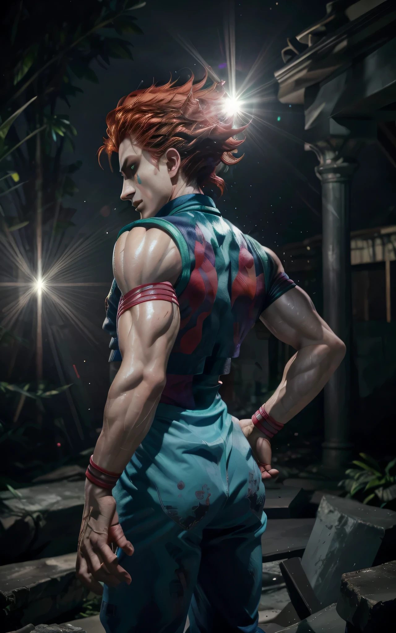 (best quality), high quality, very high resolution, (ultra detailed), 8k, (hyper realistic),Ray Tracing, Hisoka (Hunter x Hunter), No sleeve, 1 person, Backlight, ruins, beautiful fingers, beautiful hands, fingertip, arms behind