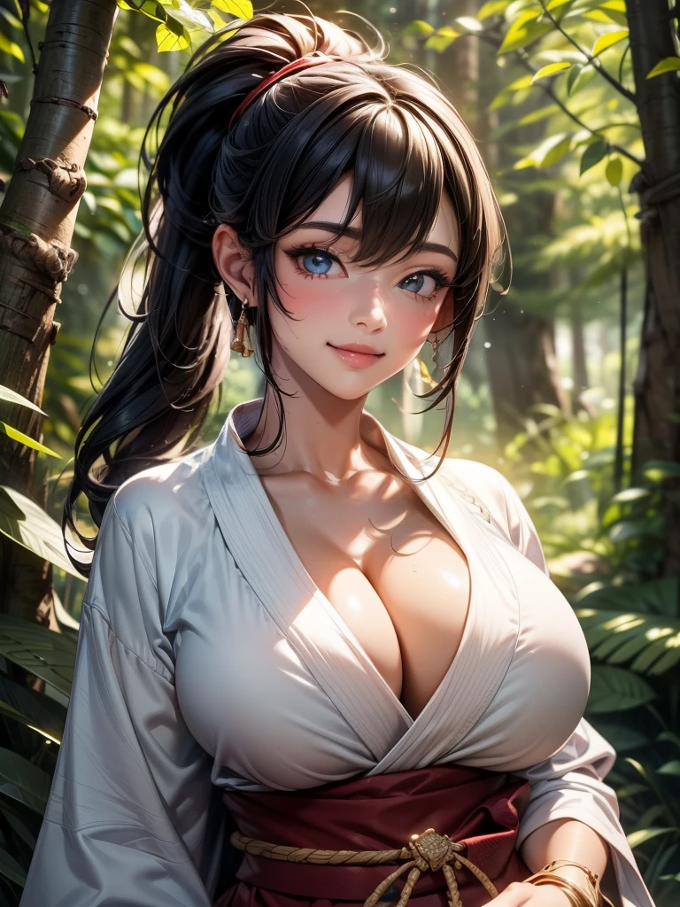 {{{masterpiece}}}, {{{best quality}}}, {{ultra-detailed}}, {cinematic lighting}, {illustration}, {beautifuly detailed eyes}, {1girl}, extremely detailed, 1girl, solo,  A beautiful samurai warrior, blue hair in a long ponytail, wearing white and black kimono, warrior, playful smile, brown eyes, huge breasts, cleavage, hourglass figure, facing viewer, outdoors, woodland background, highly detailed face and clothing, slightly narrow eyes, perfect face, fair skin, hair bangs, long hair, cowboy shot, noble beautiful, traditional Japanese clothing, samurai woman