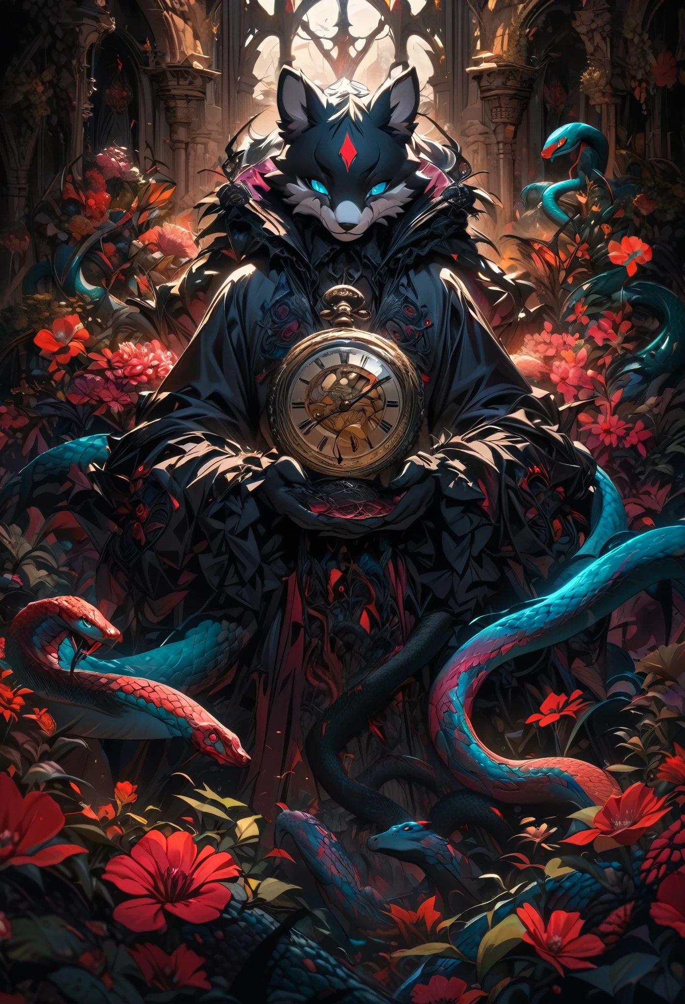 (best quality, high resolution, ultra-detailed)silhouett(kemono, furry anthro)holding striking pocket watch, surrounded by flowers, snakes and darkness, illustrative rendering, intricate details, mysterious atmosphere, vibrant colors, dynamic lighting , Gothic style,