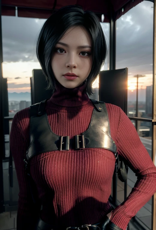 (masterpiece, best quality:1.4), insaneres, absurdres, solo, looking at viewer,BREAK GAME_ResidentEvil4Remake_AdaWong_ownwaifu, 1girl, asian, black hair, short hair, brown eyes, lips, bangs, large breasts, red lips, makeup, lipstick, sweater, dress, gloves, holster, shoulder holster, black gloves, turtleneck, turtleneck sweater, sweater dress, ribbed sweater, long sleeves, harness, belt, thighhighs, pantyhose, thigh boots, black thighhighs, red sweater, red dress, (contrapposto, hand on hip), sunset, sidelighting, outdoors, depth of field,  