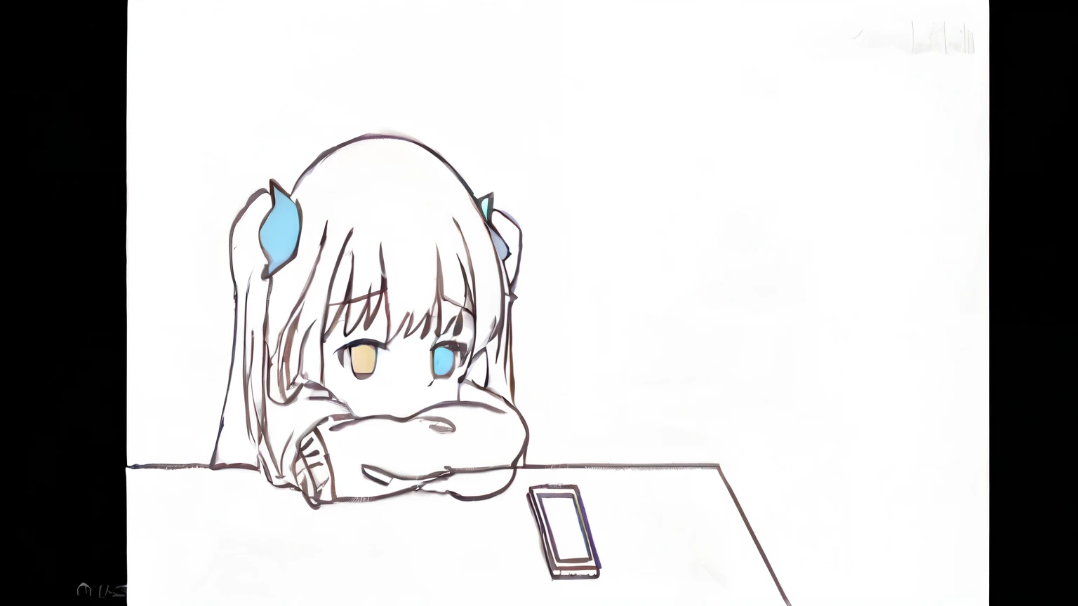 xiaoroubao,Sitting at the table,双手托头的cartoon女孩, Use your index finger, Bored expression, cartoon女孩蹲着, cartoon萌艺术风格, , cartoon, —ar 16:9, Lovely:2, Holographic Live Broadcast, No text,blue eyes,Yellow hair