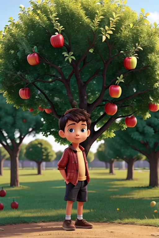 boy holds an apple in his hand looking at the apple tree
