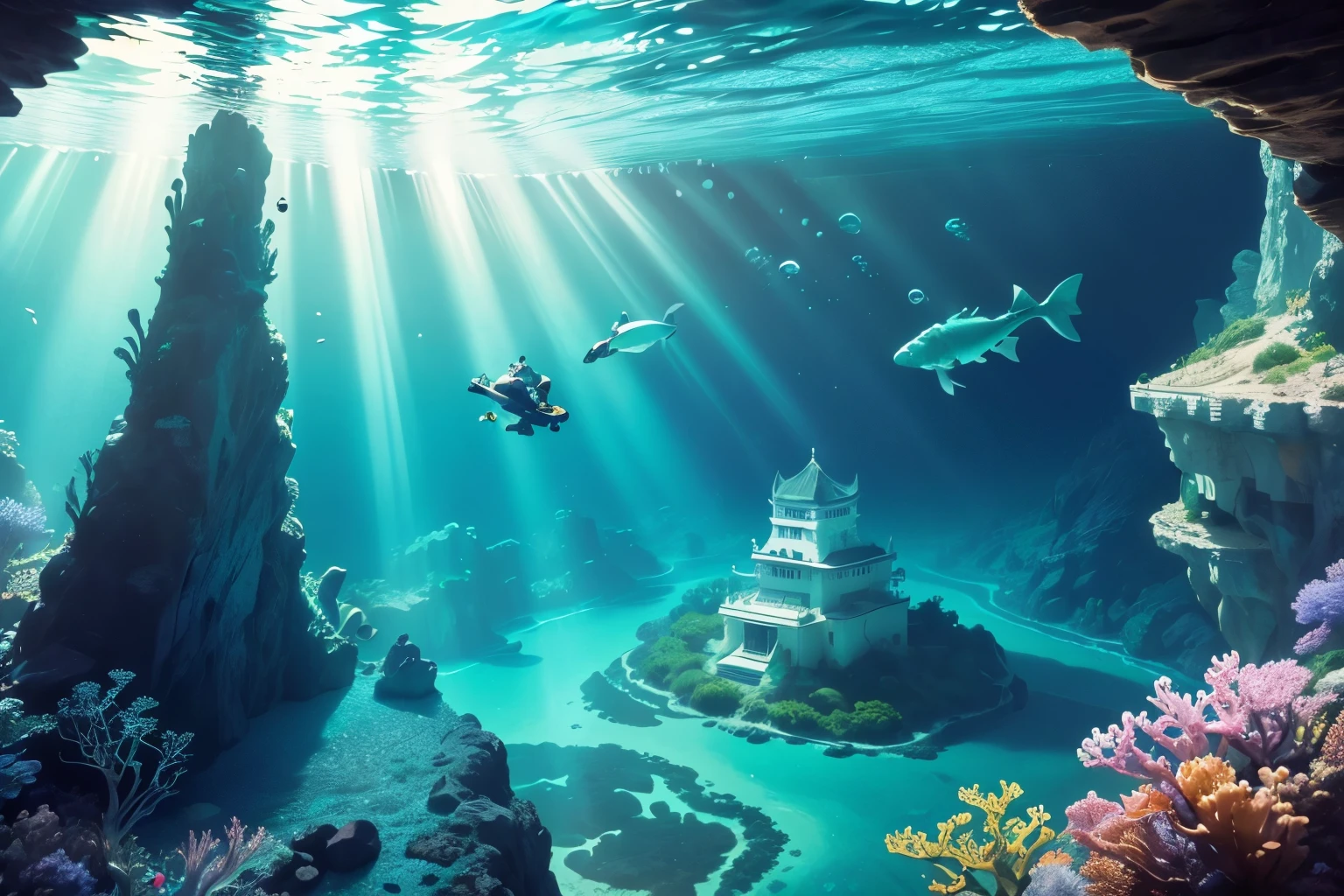 best quality, super fine, 16k, (Underwater Diving:1.4), emerald green seawater, coral reefs, lots of tropical fish, sunken ships, Ryugujo Castle, blue Grotto, breathing bubbles, sunlight shining through, iridescent golden reflective dust, white sand, (magnificent view:1.2)