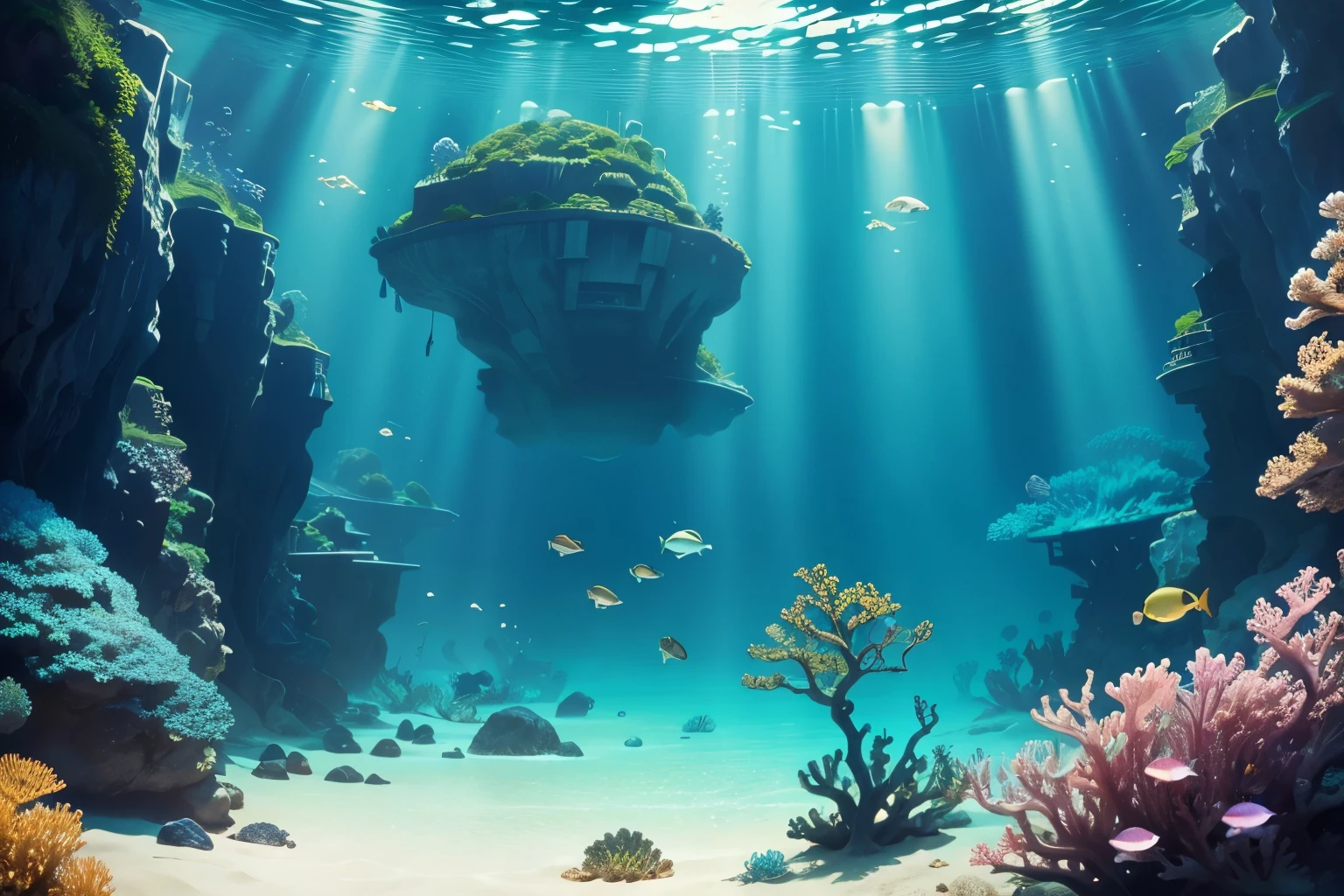 best quality, super fine, 16k, (Underwater Diving:1.4), emerald green seawater, coral reefs, lots of tropical fish, sunken ships, Ryugujo Castle, blue Grotto, breathing bubbles, sunlight shining through, iridescent golden reflective dust, white sand, (magnificent view:1.2)