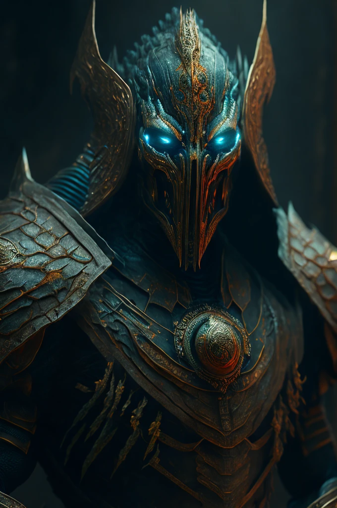 The ancient alien warrior, dark horror futurism, cinematic, fine details, 8k, (dark shot:0.7), Subsurface scattering, (ambient lighting:1.3), (ArtStation:1.3)