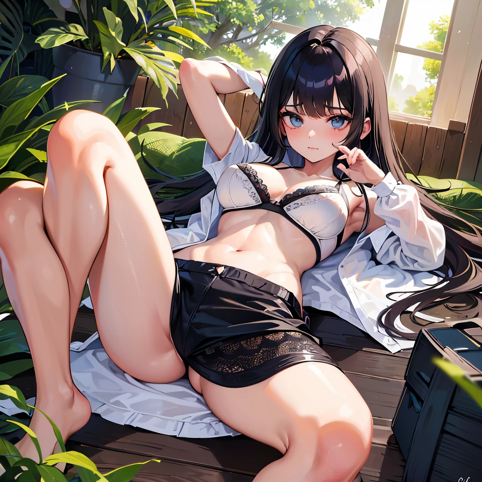 (melhor qualidade:1.2, realista, ultra-detalhado), jovem linda mulher, levantando a saia e revelando a calcinha, vestindo uma mini-saia, Vestindo uma saia curta, retrato sedutor, Open shirt showing the bra