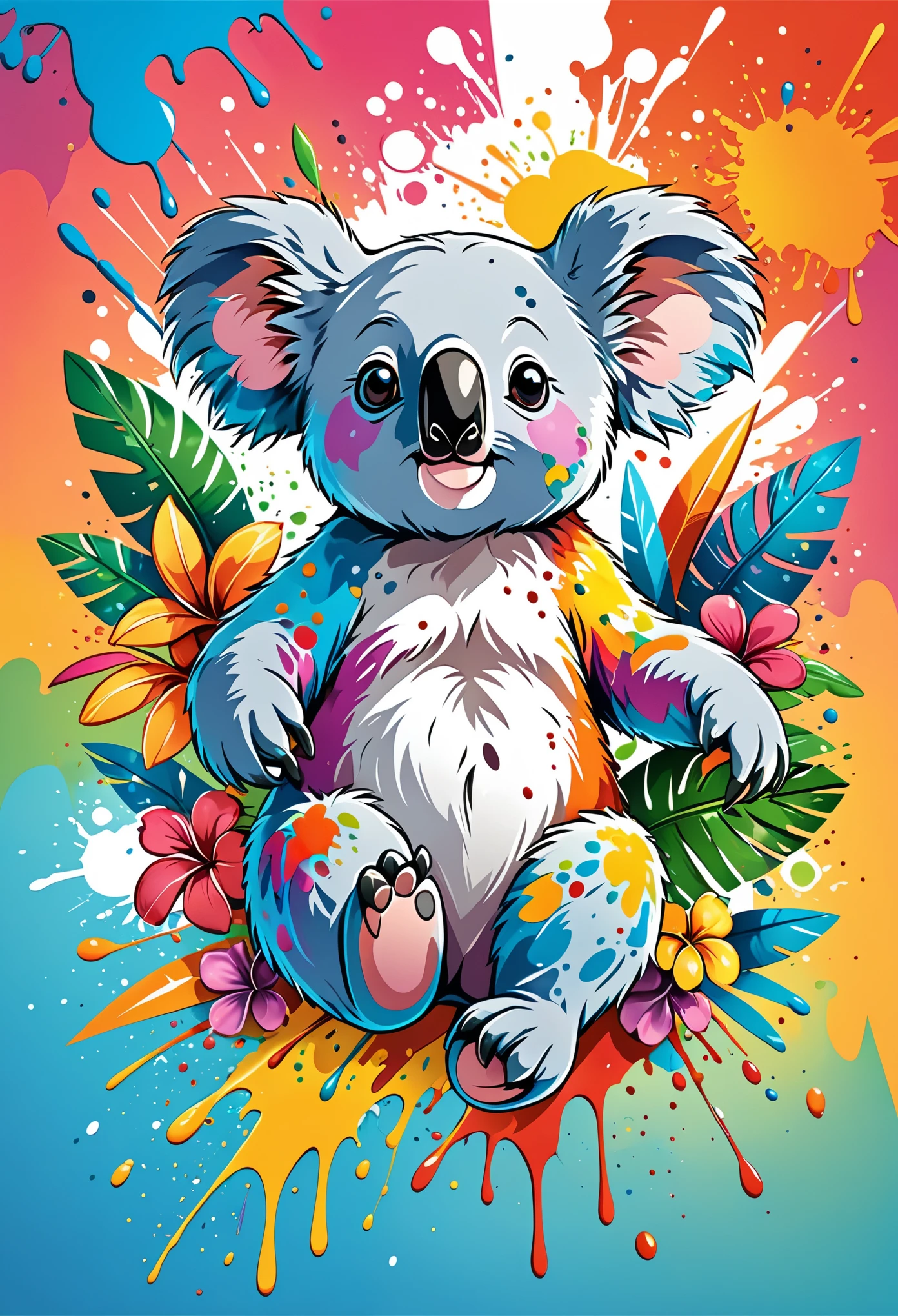 Vector Art, Colorful illustration with cartoon koala, In the center, Vibrant colors, Paint splatters and stains, High Detail, Tropical style background
