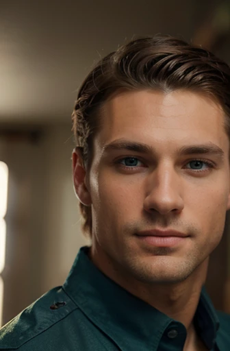(best quality,highres),distinguished man with handsome features, admirable caucasian male,athletic build, tall height,light brown medium length hair, intriguing green eyes,perfectly clean cut fade haircut,seductive smile with a gentle expression,wearing a vibrant blue shirt,detailed depiction of facial features,perfectly symmetrical face,crisp details,ultra-fine rendering,studio lighting which masterfully accentuates his excellent features,