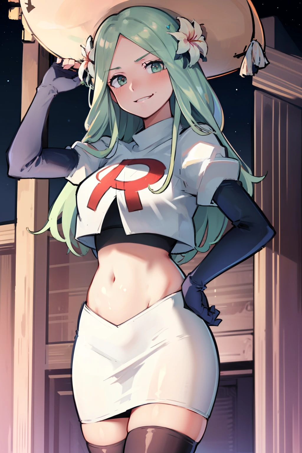 defRhea, headdress, hair flower, team rocket,team rocket uniform,white skirt,red letter R,crop top,black thigh-highs,black elbow gloves, evil smile, looking at viewer, cowboy shot, night sky background