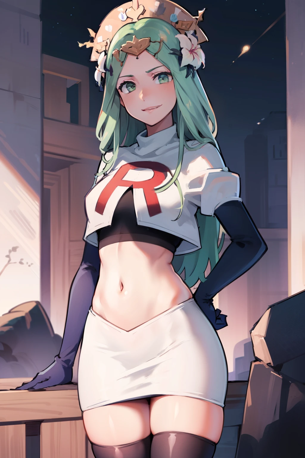 defRhea, headdress, hair flower, team rocket,team rocket uniform,white skirt,red letter R,crop top,black thigh-highs,black elbow gloves, evil smile, looking at viewer, cowboy shot, night sky background