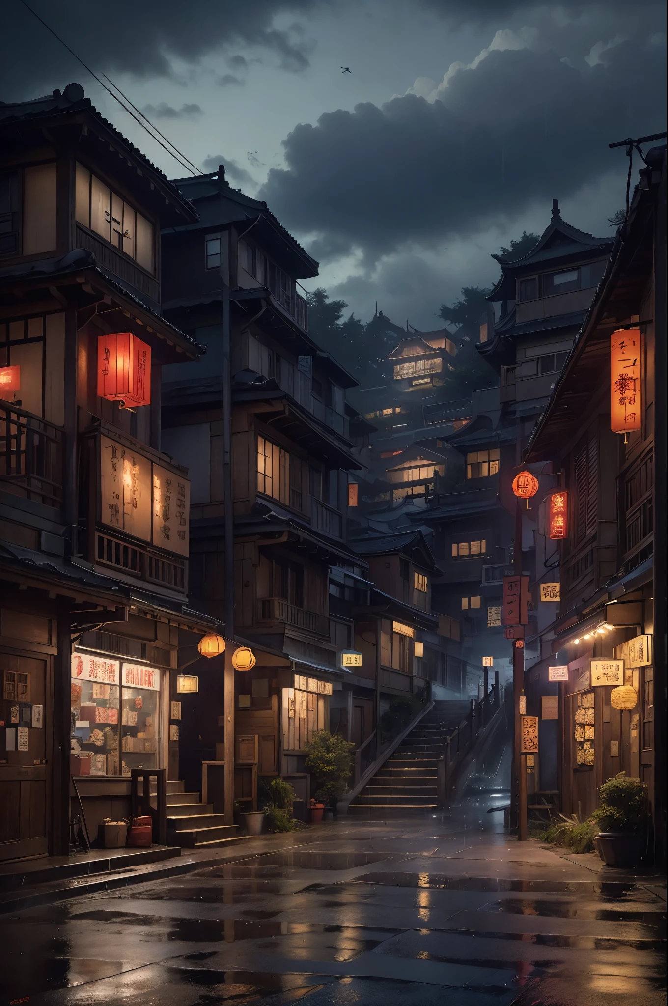 View of Fed Village，a lot of Lights on the buildings，Fantasy Chinatown，Chinese Village，Stunning wallpapers，Japanese Village，Surreal photos of small towns，old asian village，(The sky in the distance is covered with dark clouds)，Japanese cities，Raymond Han，Rainy night, Cyberpunk Chinese Ancient Castle, Light线充足的建筑, Late afternoon，in the rain, Pretty and beautiful, photography, Light, 8k, High Detail ((Heavy rain，full of Lights，stairs)))