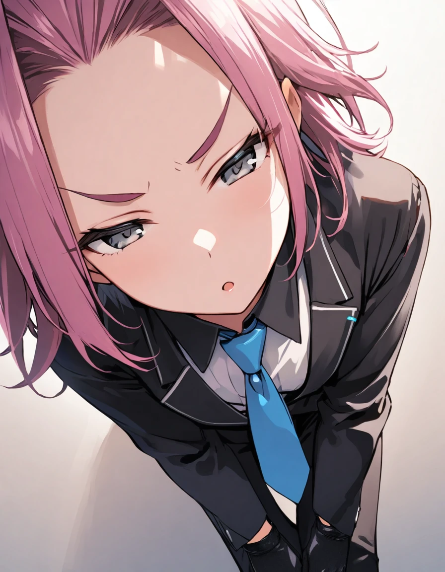 solo,woman,athletic,Very short hair,dark pink hair,hair slicked back、slant eyes、gray eyes、angle eyebrows,[flat chest]、BREAK、Black suit,black pants,blue necktie:0.7,Black Leather Gloves、BREAK、upper body shot、half-closed eyes,decision、punch、POV、