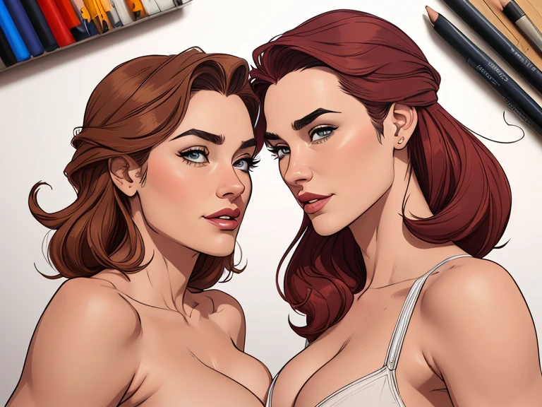 Personagens estilo artgerm  femininas Yvonne Strahovski estilo de desenho animado:1.2), Woman from southern Brazil Gaucha drawing ART Artline white background woman Cartoon image of a woman , roupas sensuais , garota super valente destemida , Ilustra??o estilo desenho animado, estilo de arte dos desenhos animados, estilo de arte dos desenhos animados, digital illustration style, design de personagens altamente detalhado, arte digital detalhada fofa, City fan art, design de personagem retrato, beautiful digital illustration, retrato de alta qualidade, arte em quadrinhos, retrato do design do personagem, white background Busty without clothes and medium breasts female character two girlfriends Beautiful character pose in dynamic pose two women together Yvonne Strahovski on the left and together with Jennifer Connelly on the right with a symmetrical body with a corset and beautiful breasts, corpo bem definido, delicado e sensual, estilo de desenho animado, digital illustration having sex with each other artgerm style