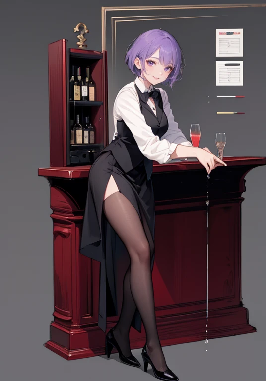 Purple Hair,Shortcuts,Adult female,bartender,((Smoking a cigarette)),(Body Harness),((Rolling up his sleevesＹshirt)),((Full Body))