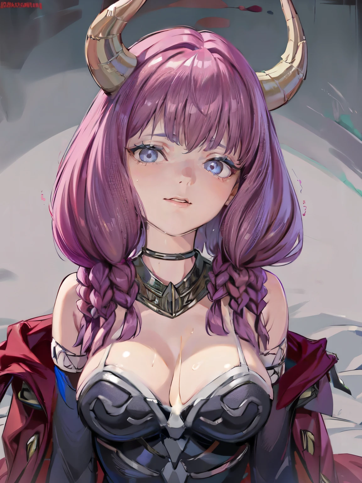(lying on bed), bird’s eye view, (upper body exposed:1.5), covering her breasts with her hands. AURA, HORNS, LONG HAIR, BRAID, GLOVES, TWIN BRAIDS, ELBOW GLOVES, BLACK GLOVES, LARGE BREASTS, (ecstasy:1.3) ,(slut:1.2),(vulgarity:1.3),(fucked silly:1.1),(steam:1.1),(wet:0.8),(trembling:0.8),(tears:0.7) ,(drooling:0.6),(sweat:0.8), ((nsfw)), sitting on a bed at midnight.
