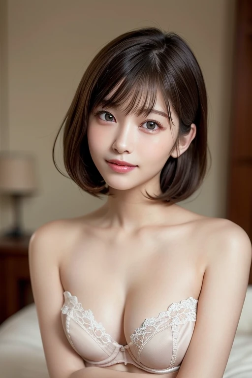 Wearing a sexy transparent strapless bra、シースルーのサイドタイPantiesを着ている、(highest quality:1.5)、(Realistic:1.5)、(1 person:1.5)、Very detailed、finely、High resolution、8k wallpaper、Perfect dynamic composition、Small breasts、Natural color lip、Cute Smile、Japanese women、20-year-old girl、Beautiful and elaborate face、Perfect and beautiful face、Beautiful and detailed、Big eyes、Brunette's eyes、Beautiful and elaborate face、Perfect and beautiful double eyelids、Natural Bangs、Beautiful thin nose、Beautiful Skin、chestnut brown hair、Medium Bob Hair、short hair、Natural Bangs、Bedroom、On the bed、Perfect and beautiful face、Slim face and figure、Bright lighting、Professional Lighting、Front lighting、Natural smile、bra、Panties、Beautiful clavicle、Beautiful clavicle、Beautiful cleavage、Natural pose、(A sexy shot of her looking straight into the camera)