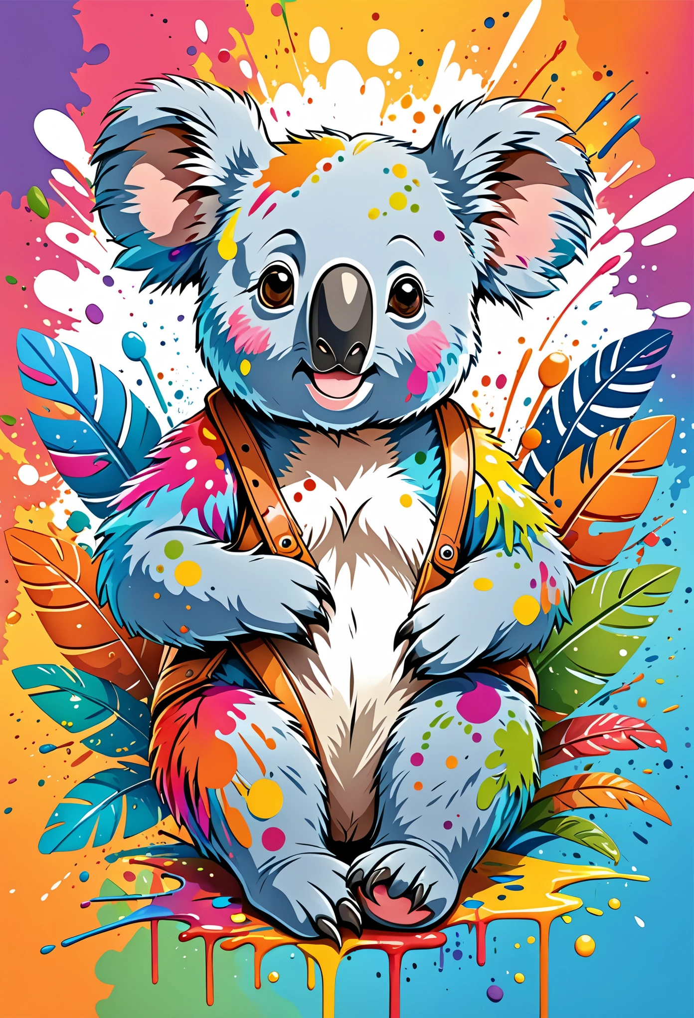 Vector Art, Colorful illustration with cartoon koala, In the center, Vibrant colors, Paint splatters and stains, High Detail, Tropical style background
