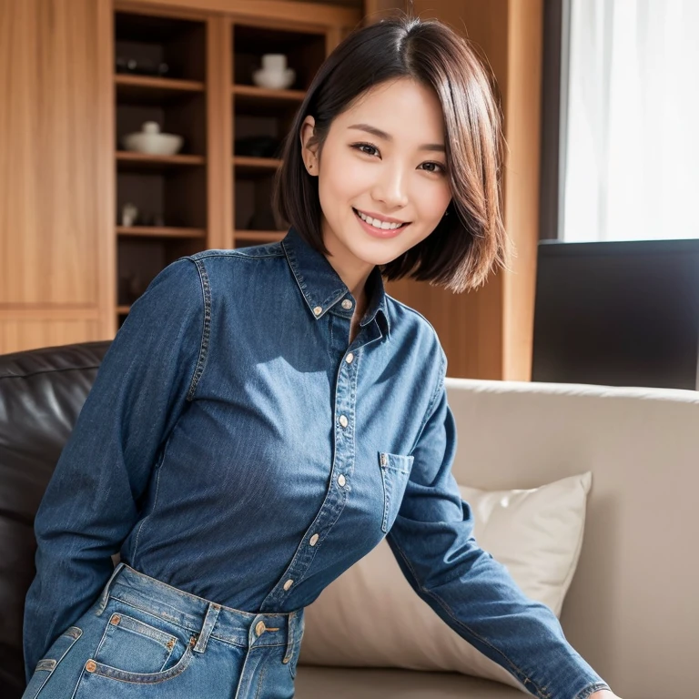 The face of a beautiful Japanese woman in her thirties with short hair standing in the living room in the morning wearing a dark blue long-sleeved cotton shirt and jeans pants, looking back at me and smiling. Focal length 100mmf/2.8, spring morning, rain, living room on the upper floor of a high-rise apartment, well-shaped face, friendly smile, toned body, dark blue long-sleeved cotton shirt, jeans pants, close-up of facial expression, sense of presence, 8K image quality, best quality.