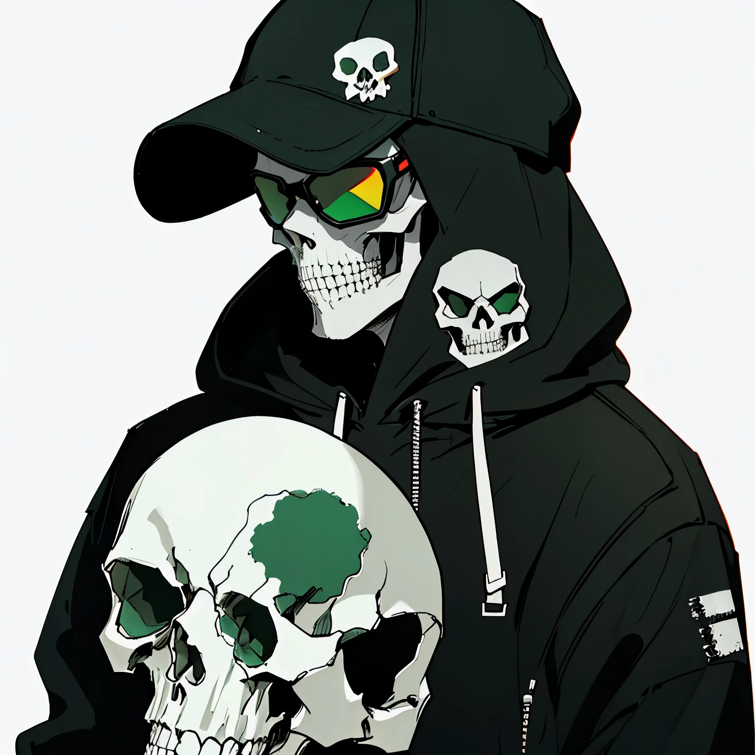 printable t-shirt vector of a dark style skull face, hand drawn art style image, image with white background, outline of skull, image in shabby color tones