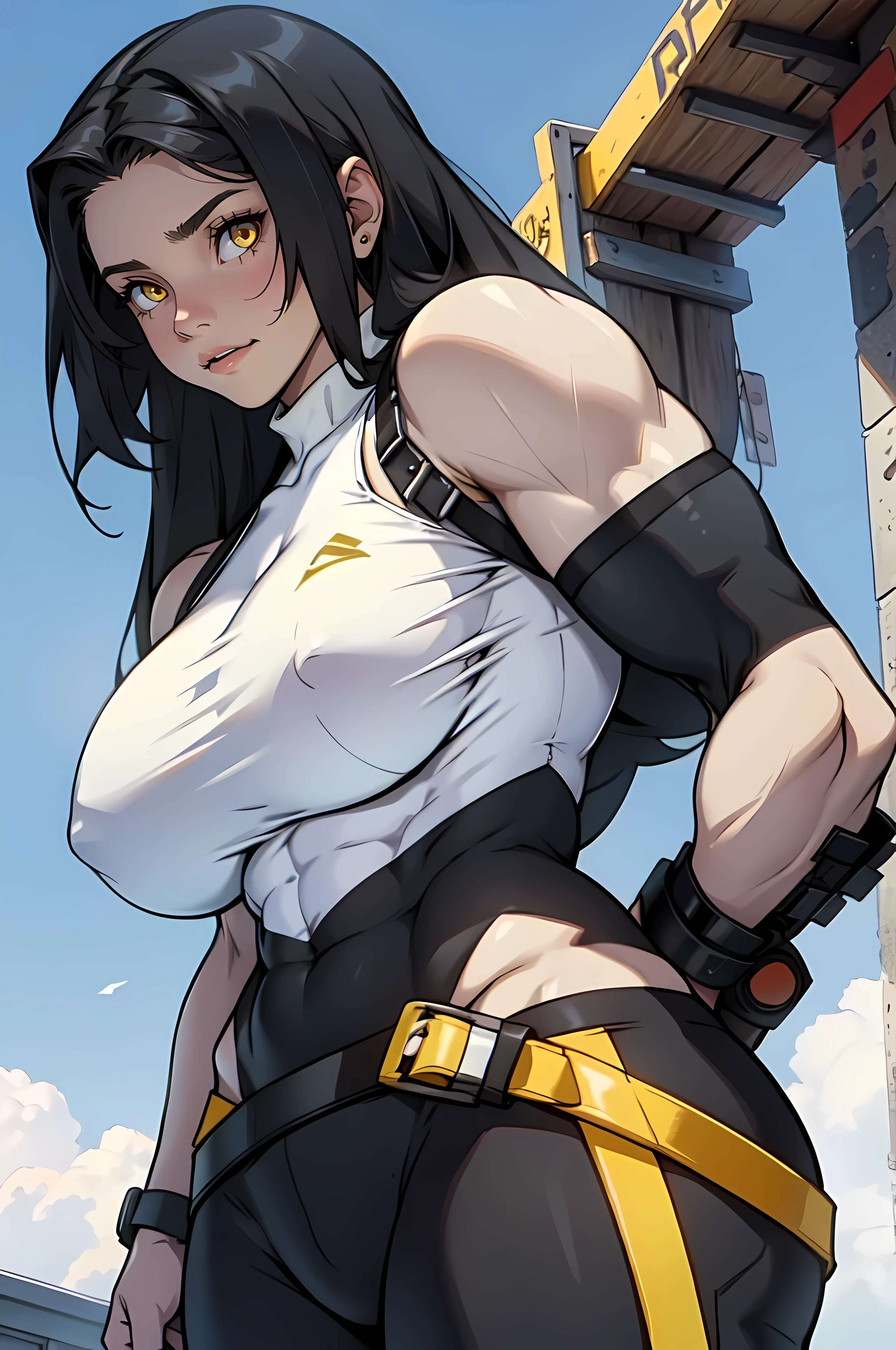 huge breasts pale skin very long hair black hair yellow eyes ((((1 girl)))) (((muscular)))