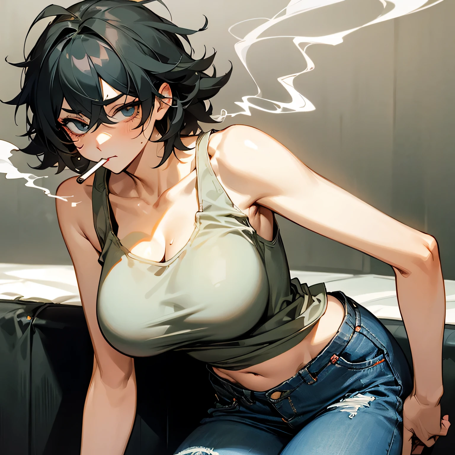 Have a cigarette in your mouth、Scratching head with left hand、Sweaty、Bedhead、Baggy tank top、Distressed jeans、Big Breasts、Odd Eye、woman