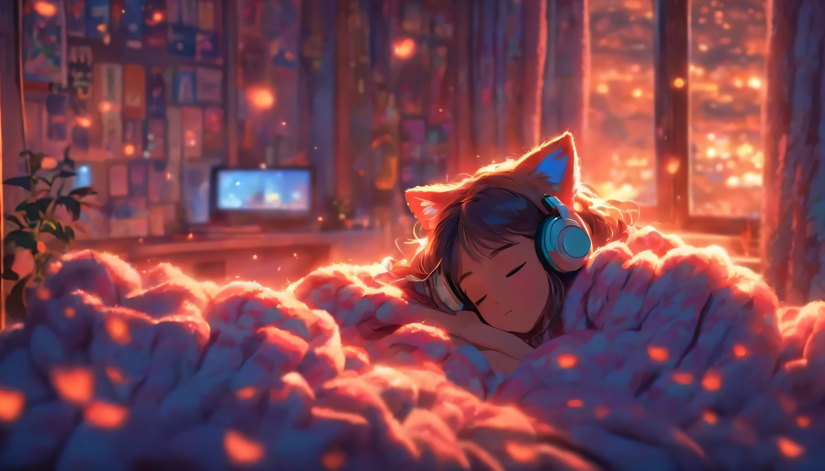 girl, Lie down and sleep, Wearing a large sweater, Wearing headphones, Cover your feet with a blanket, praise, Calm, Calm atmosphere, Looking out the window in her room, nice, night, quiet night, Cat, masterpiece, highest quality