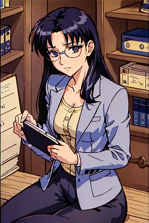 Misako, Grey Mini Lock, White shirt, Grey jacket, Black Stockings, High heels, Adult, Age 35, Beautiful woman, Blue Hair, office, Glasses, Brown eyes, beautiful Brown eyes, grim stare, Serious expression,The body is slim, Clipboard in hand, masterpiece, antique office background, Bookshelf,