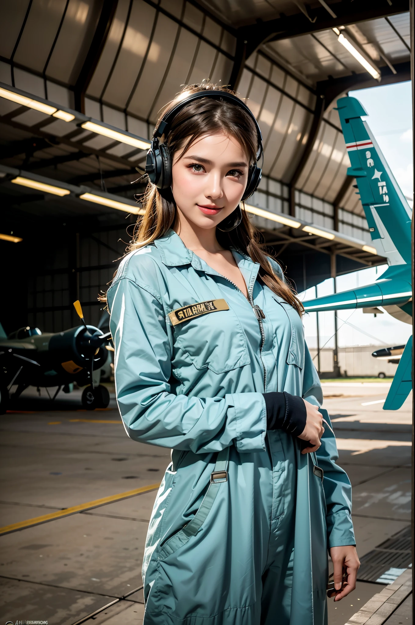 Best quality, ((professional photograph, RAW photo)), Insanely realistic, an extremely delicate and beautiful, ultra high res, realistic lighting and shading, (Realistic image of a extremely pretty female Aircraft mechanic, solo), Inside a spacious Aircraft hangar, Monoplane fighters of the World War II era line the background, Aircraft parts scattered on the floor, Tools for maintenance, She does aircraft maintenance, (wearing Military camouflage patterned Long-sleeved mechanic's coverall), (wearing mechanic's heavy-duty glove), (Wearing a headset), her hair is tied back later, very professional mechanic, inscrutable smile, (extremely beautiful depiction of the eyes and face), (insanely beautiful natural skin texture), Accurate eyes, Accurate hands, Well-balanced overall body