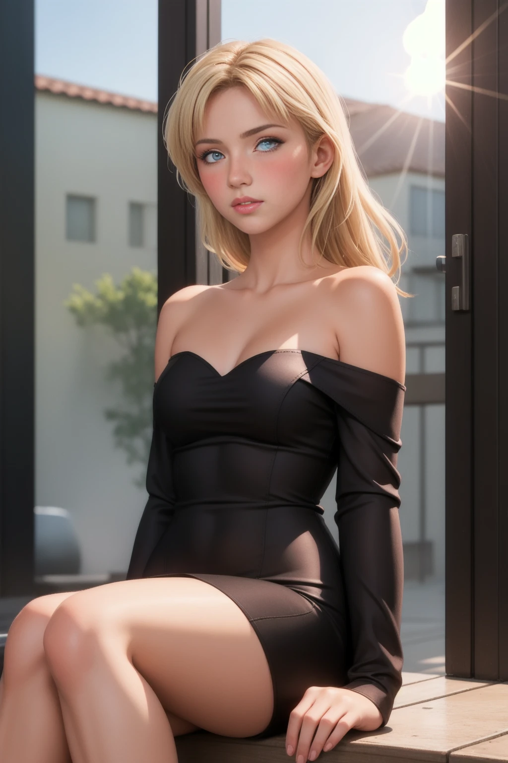 realistic, lonely girl, blonde, Red eyes, Brilliant eyes, parted lips, blush, Sun, Sunlight, off the shoulder, sitting