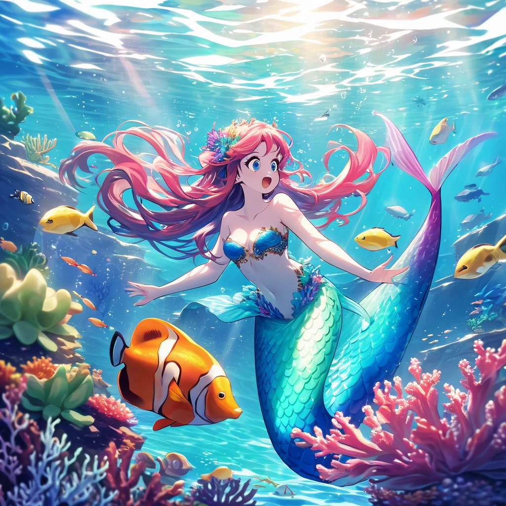 (high quality, colorful, cartoonish, underwater scene), (best quality, high-res) A hungry mermaid, with big round eyes and a surprised expression, is diving gracefully and swiftly in the deep ocean. Her long, flowing hair trails behind her as she chases after a delicious and succulent squid. The mermaid's tail, shimmering with vibrant colors, propels her through the water, creating a playful and lively scene. The underwater world around her is teeming with life, with various colorful corals, exotic fish, and mesmerizing patterns decorating the surroundings. Rays of sunlight pierce through the crystal-clear water, casting a beautiful glow and creating stunning reflections. The scene is filled with a sense of joy and anticipation as the mermaid's cartoonish hunger intensifies and she reaches out to capture her elusive prey.