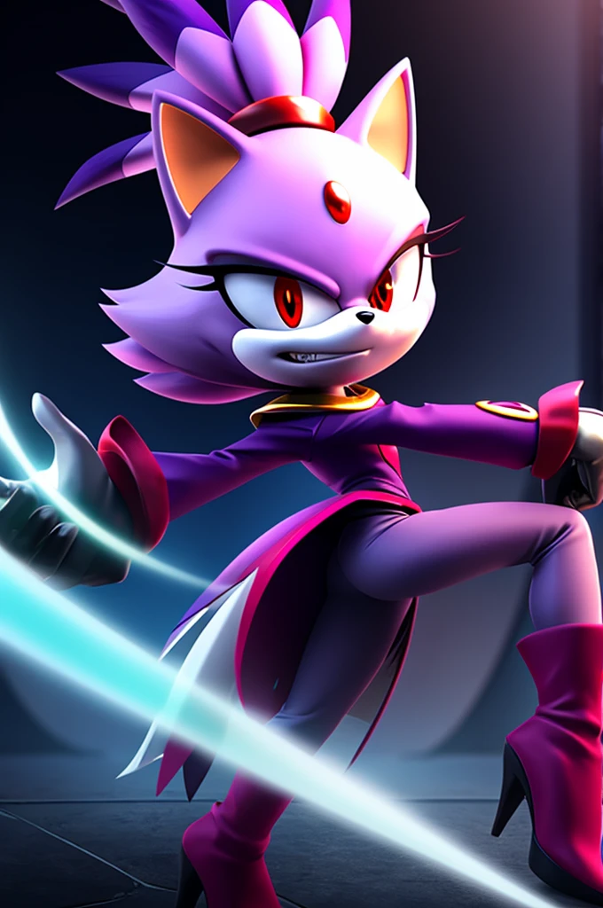 Blaze the cat, red eyes, evil, malicious, mischievous smile, villainous, evil look, high quality digital art