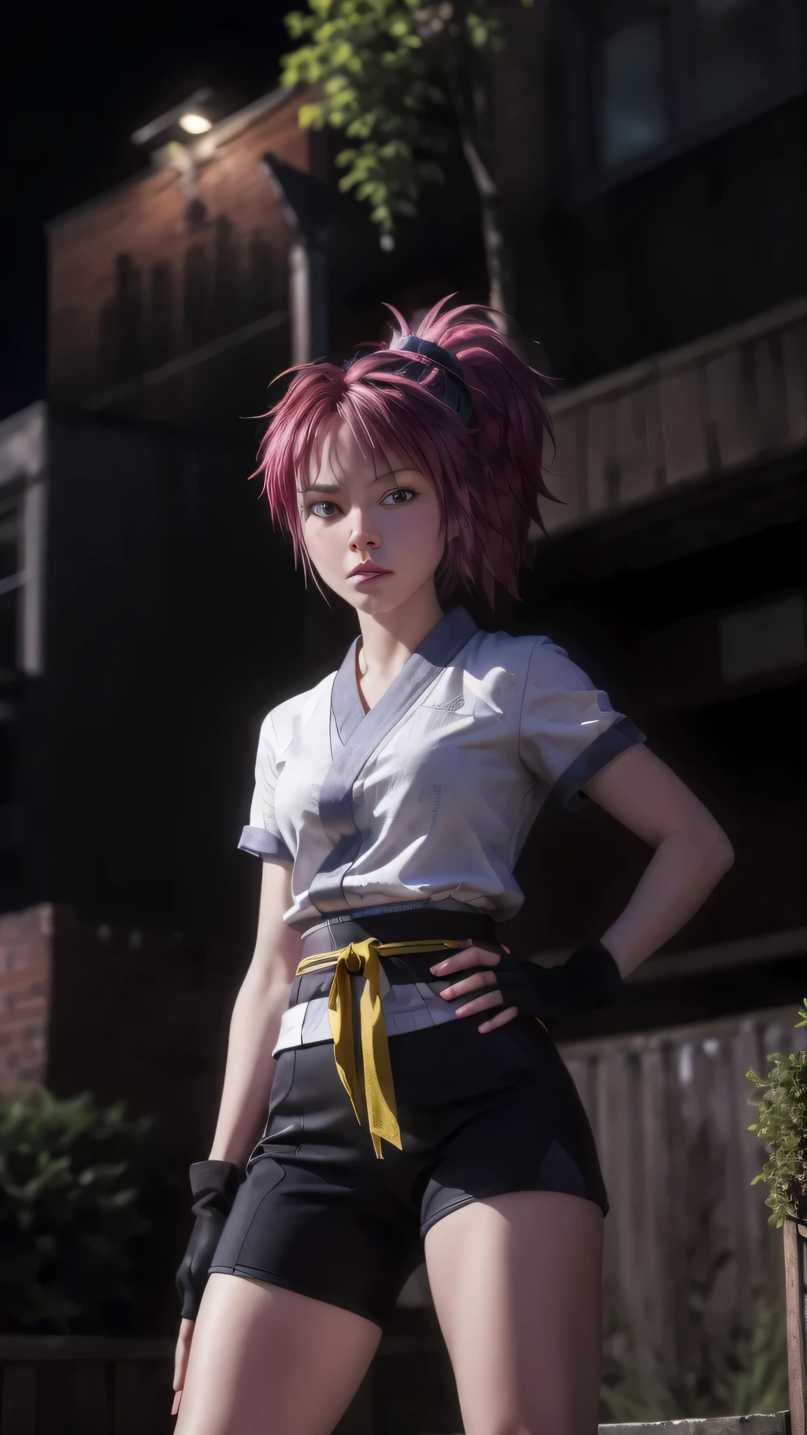 best quality, high quality, very high resolution, ultra detailed, 8k, hyper realistic, (masterpiece, highest quality:1.2), Cowboy Shot, alone, One girl, Machi, ponytail, Short kimono, Fingerless gloves, Bike Shorts, Fighting Stance, Neon Light, city, night, garden